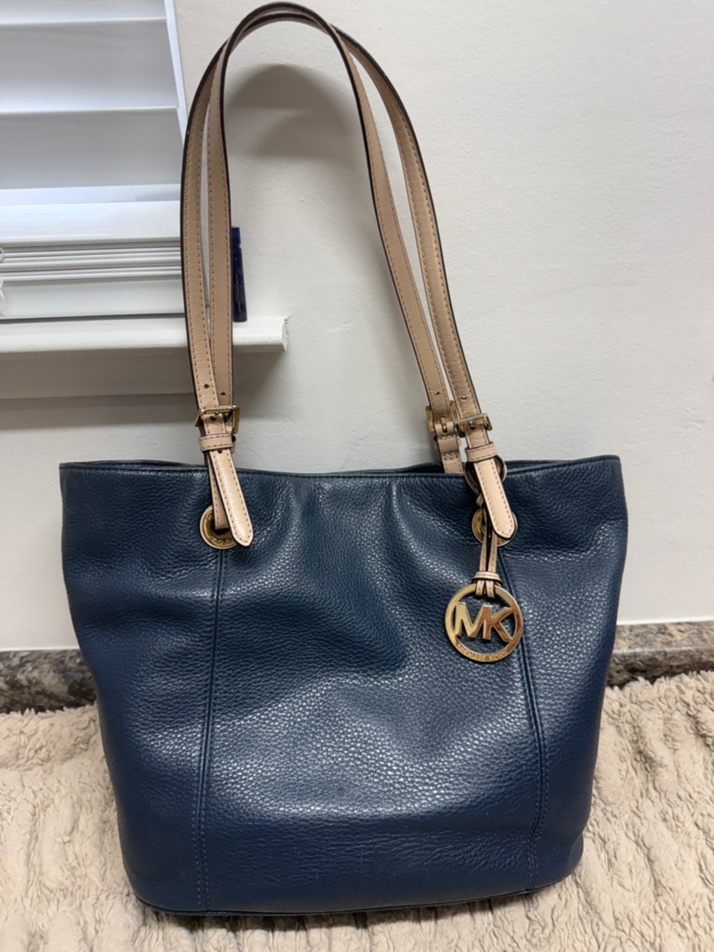Michael Kors Navy Pebbled Leather Tote with Beige Straps
